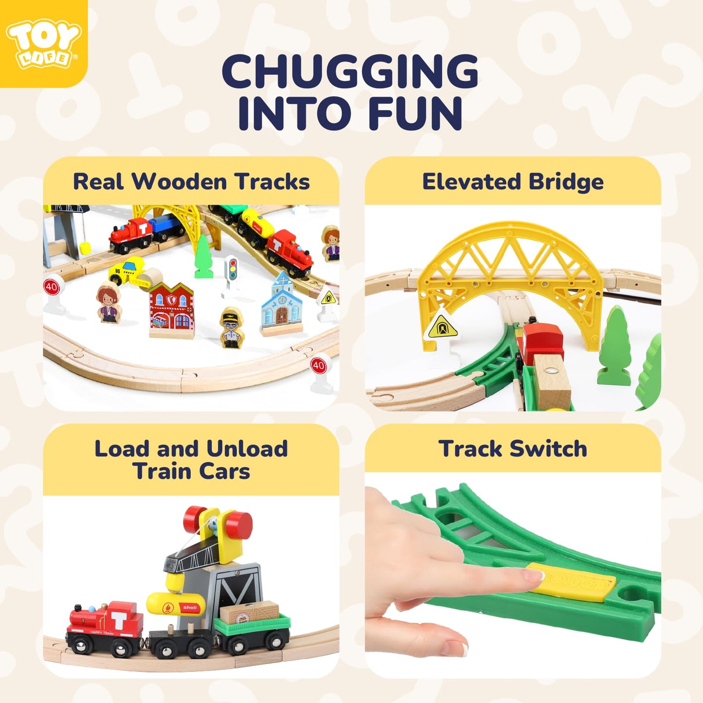 Toy Life Train Set 60Pcs Wooden Train Set With Crane, Wooden Train Tracks Toy Train Set For Toddlers 2-4 3-5, Kids Toys For 3 Year Old Boys - Fits Thomas Brio Melisa Chugginton Train Track Set