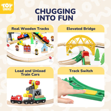 TOY Life Wooden Train Set - 60pcs with Crane, Ideal for Toddlers 2-5, Fits Thomas & Brio Tracks, Perfect Kids Toy for 3 Year Old Boys