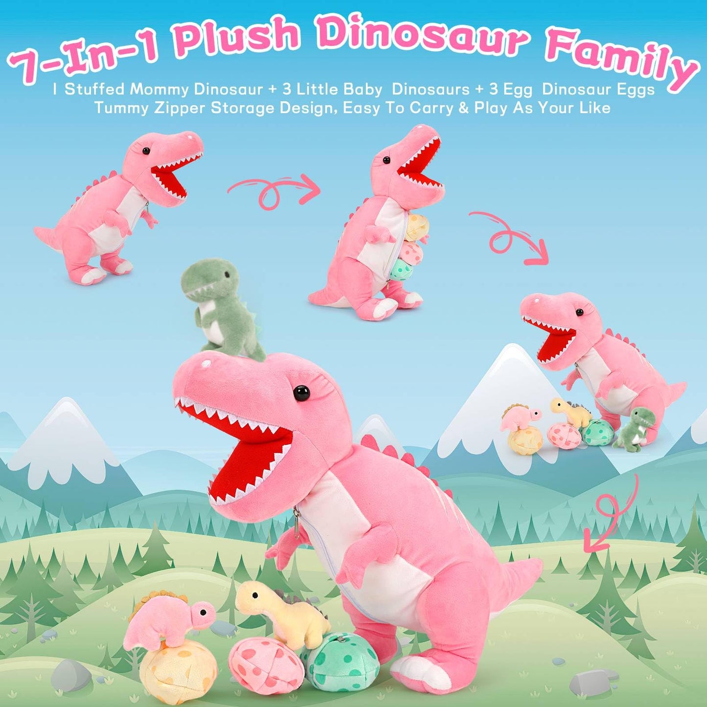 Morismos Dinosaur Stuffed Animal With Babies,23.6'' Big Mommy Stuffed Dinosaur With 3 Baby Dinosaur Stuffed Toys & 3 Eggs Plush Inside Belly, Boy Girl Dinosaur Toys For Kids 3-5, Pink T-Rex Toy