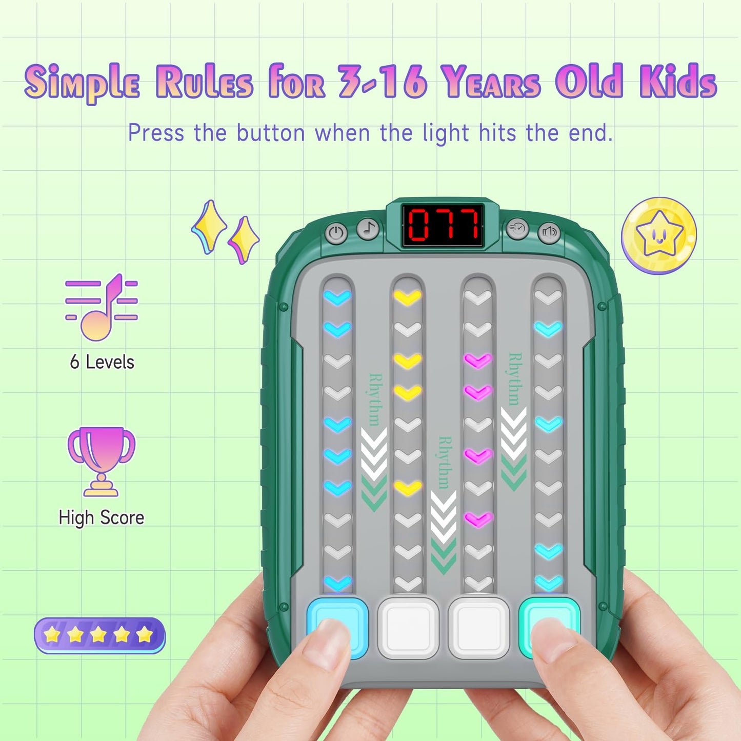 Rhythm Machine With Music and Light, Travel Handheld Puzzle Game, Fast Press Push Fidget Toy for Kids Aged 3-16 Years Old, AA Ba