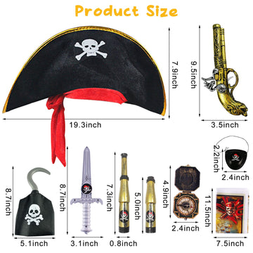 Pirate Costume Kids 8 Pcs Pirate Accessories for Kids - Halloween Pirate Theme Pretend Play Party Toys Set Dress Up Supplies with Hat decorative replica blade Eye Patch Telescope Compass Hook & Map