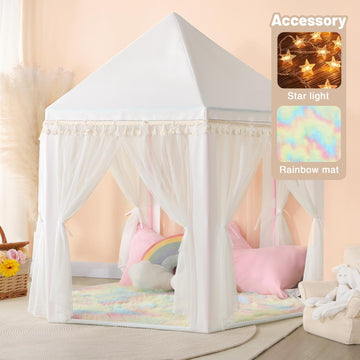 Senodeer Princess Tent For Girls Indoor: With Rainbow Rug, Star Lights - White Play Tent For Kids, Girls Toys For Indoor Princess Games