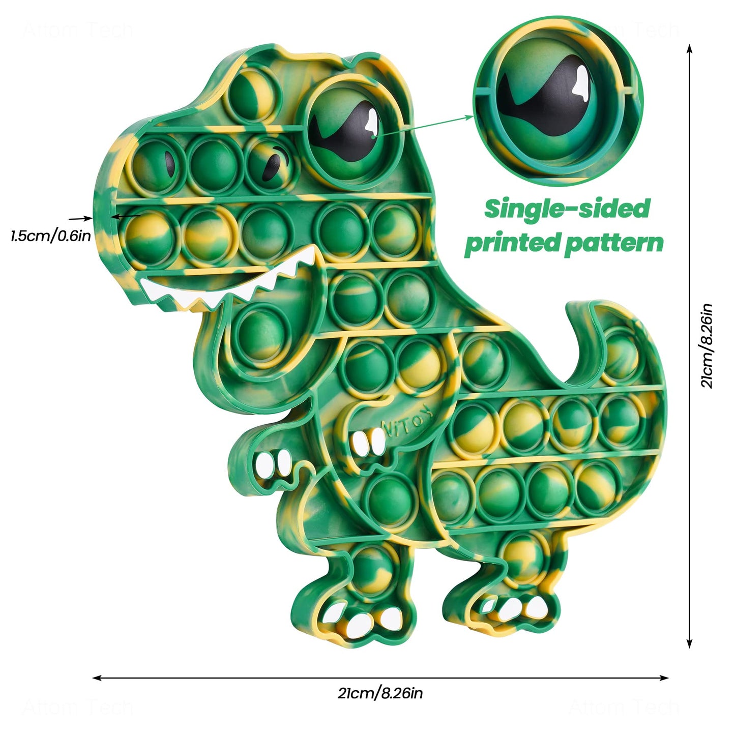 Nitoy Dinosaur Push Pop Bubble Fidget Sensory Toy Silicone Large T-Rex With Printed Eye, Stress Reducer Anxiety Reliever Bubble