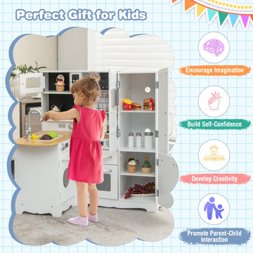 Costzon Corner Kids Kitchen Playset, 11-in-1 Wooden Toy Kitchen Set with Realistic Washing Machine, Microwave, Oven, Stove, Refr