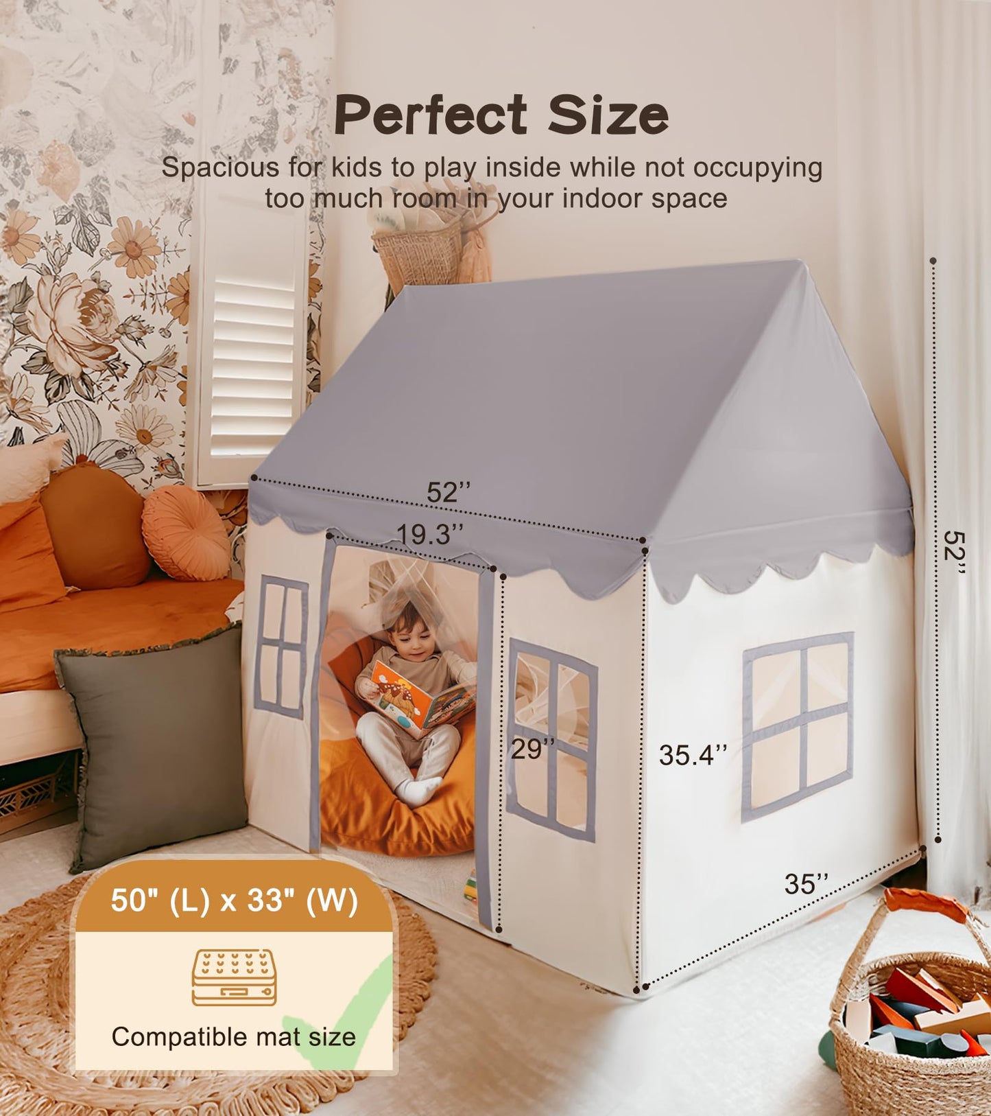 Large Kids Tent With Mat, Star Lights, Tissue Garland, Play Tent Indoor & Outdoor, Kids Play Tent For Girl & Boy Aged 3+, Kids T