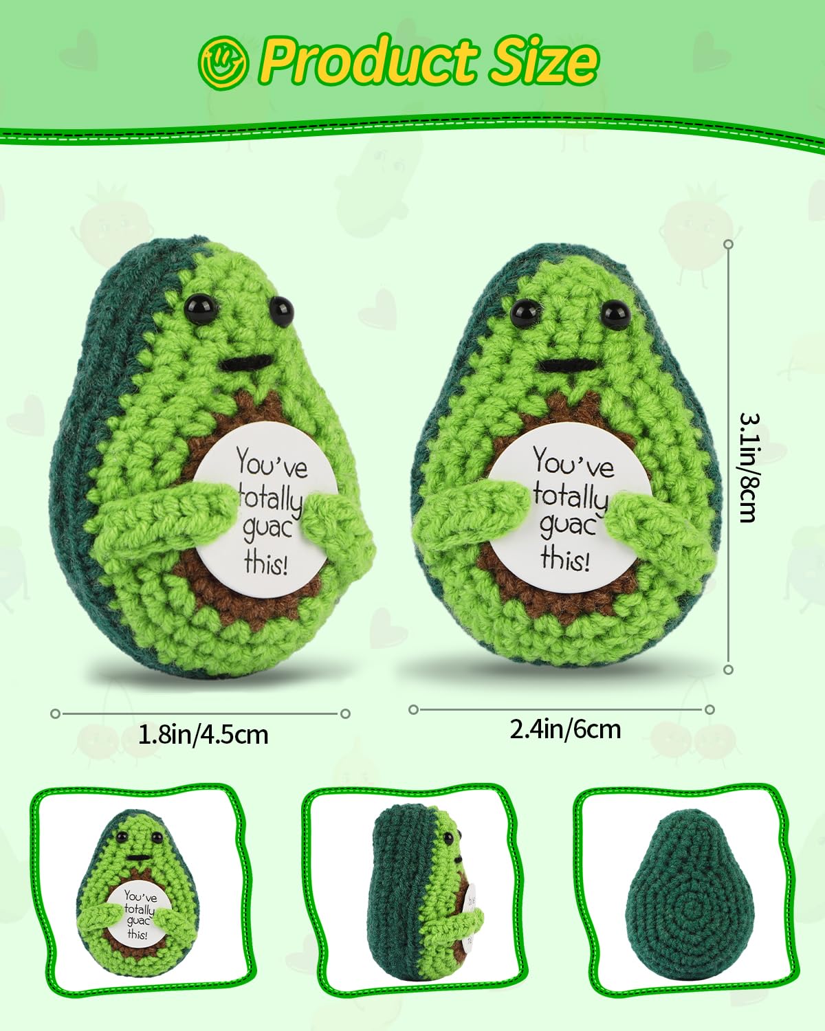 Jelutar Mini Funny Positive Potato, 3 Inch Knitted Doll With Positive Card For Cheer Up Gifts And Party Decorations, Cute Positive Potato Crochet Doll For Birthday Gifts (Positive Avocado)