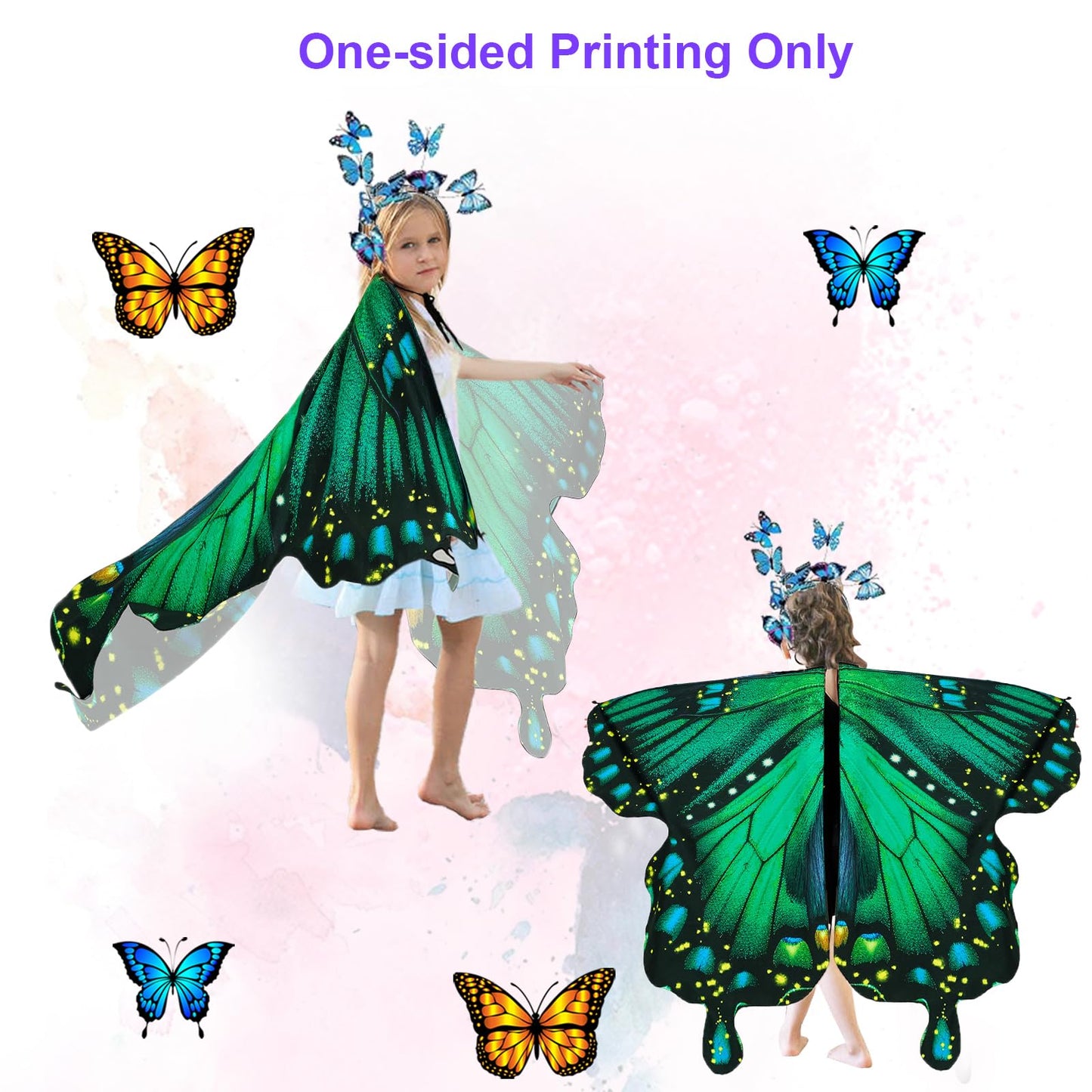 Rektak Butterfly Wings For Girls, Butterfly Costume For Halloween Party Kids Fairy Wing With Mask And Headband(Green)