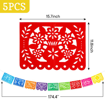 Domestar 90 Feet Mexican Party Banners, 5Pcs Plastic Fiesta Banner Cinco De Mayo Dia De Los Muertos Decor Day Of The Dead Papel Picado For Mexican Party Supplies
