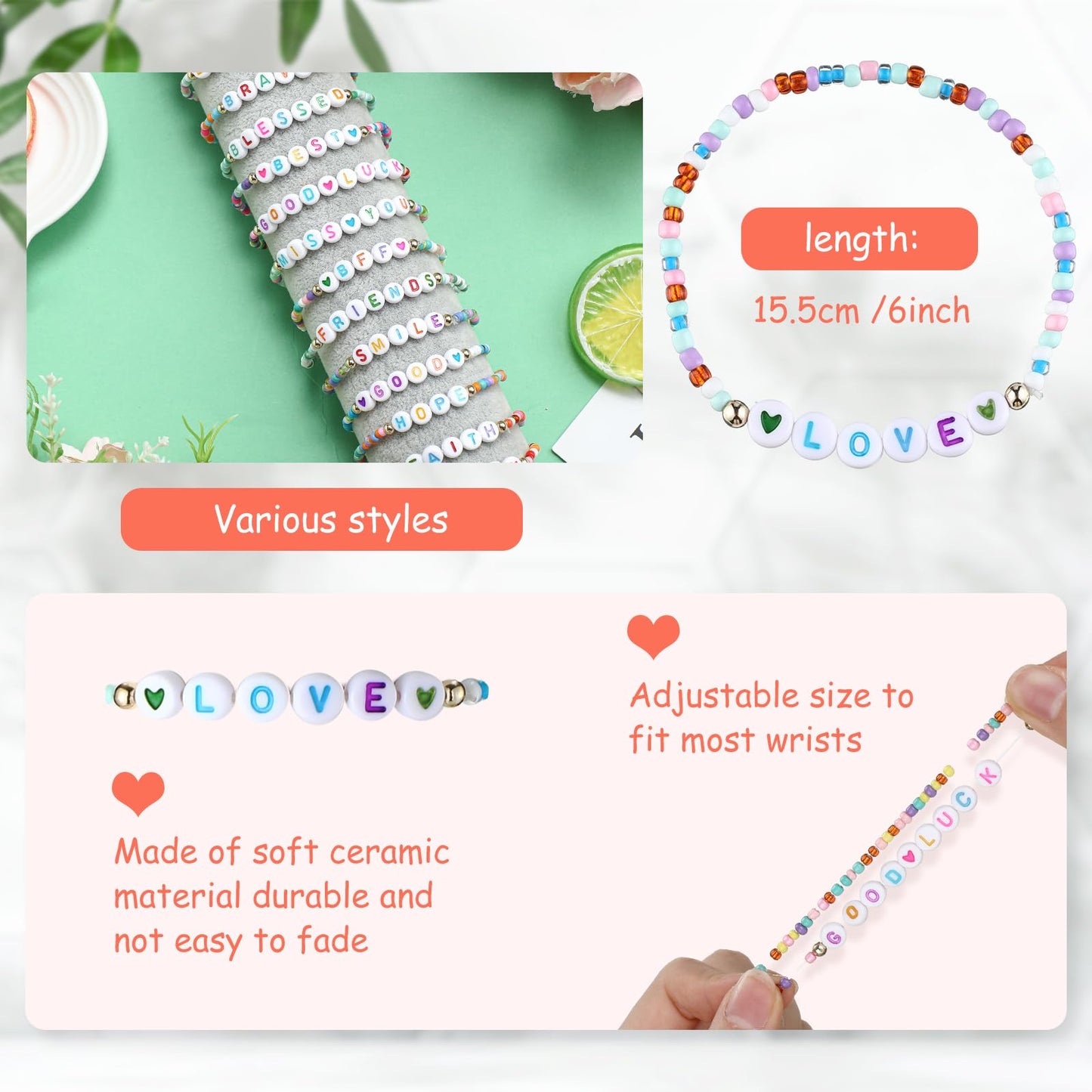 Otuuz 48 Pcs Valentine's Day Kids Friendship Bracelet Set Adjustable Beads Bracelets Cute Friendship Princess Pretend Play Brace
