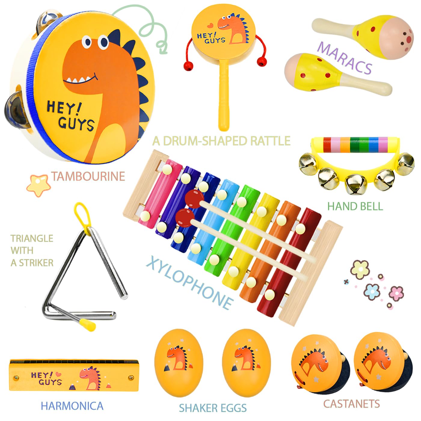 Toddlers Musical Instruments For Baby 1-3,Wooden Music Toys Set | Percussion Drum,Xylophone,Maracas Shakers,Tambourine | 14 Pcs