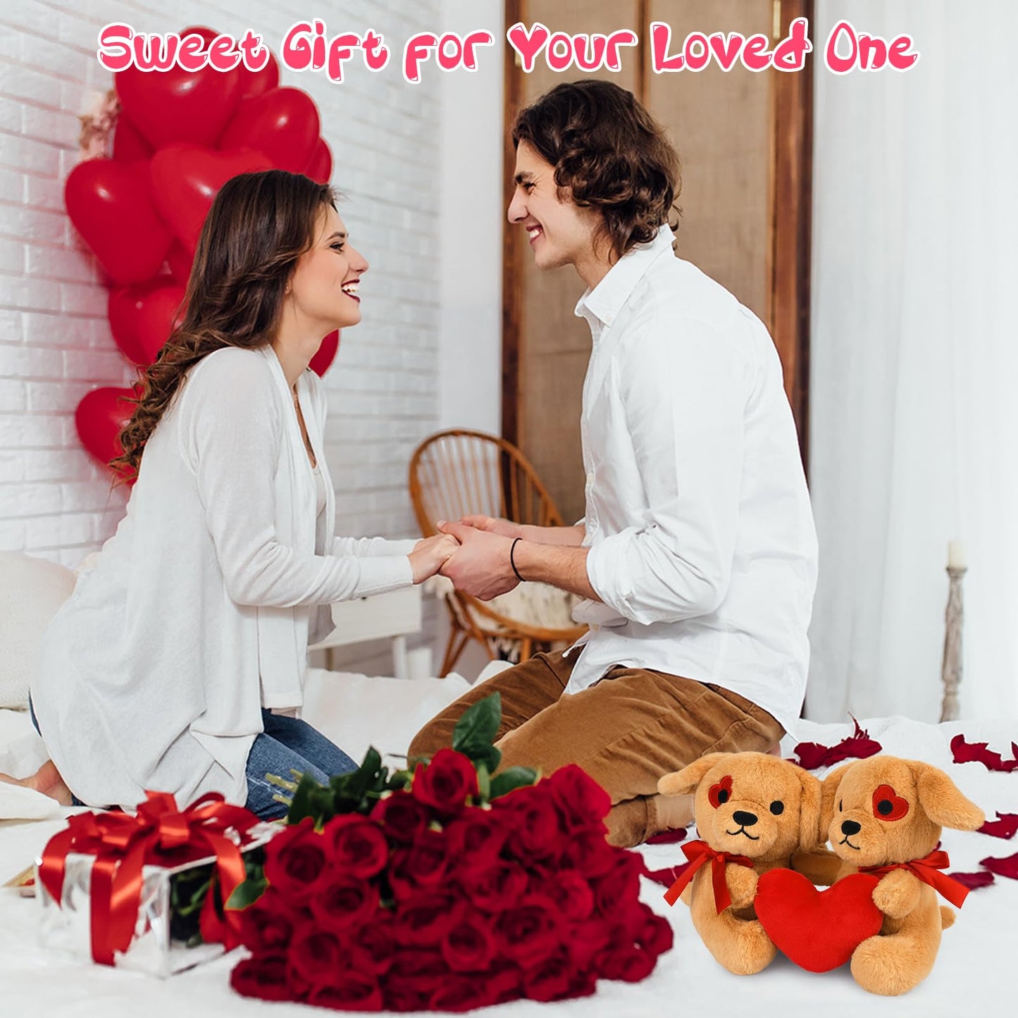 Jiajegtgt Valentines Stuffed Animals - 2 Pcs Dog Valentines Day Plush Toy With Heart, Valentines Day Gifts For Her Kids Girlfrie