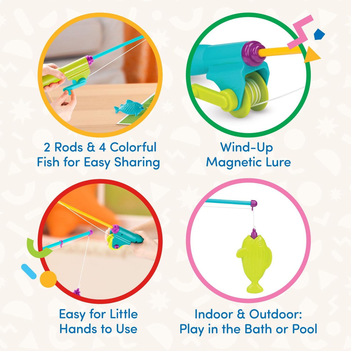 Battat - Play Rod & Reel - Wind-Up Magnetic Lure - 2 Rods & 4 Colorful Fish - Beach & Water Toys - 3 Years + - Magnetic Fishing
