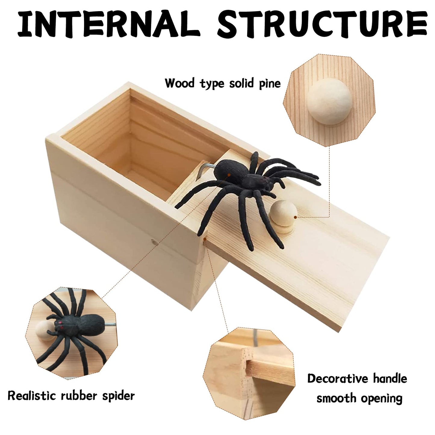 Motiloo Original Spider Prank Box,Handdmade Wooden Pop Out Rubber Spider Scare Box Joke Toys Prank For Kids & Adults Prank Gift Halloween