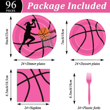 Gisgfim 96 Pcs Pink Basketball Party Supplies Paper Plates Napkins Basketball Sport Theme Birthday Party Tableware Decorations F