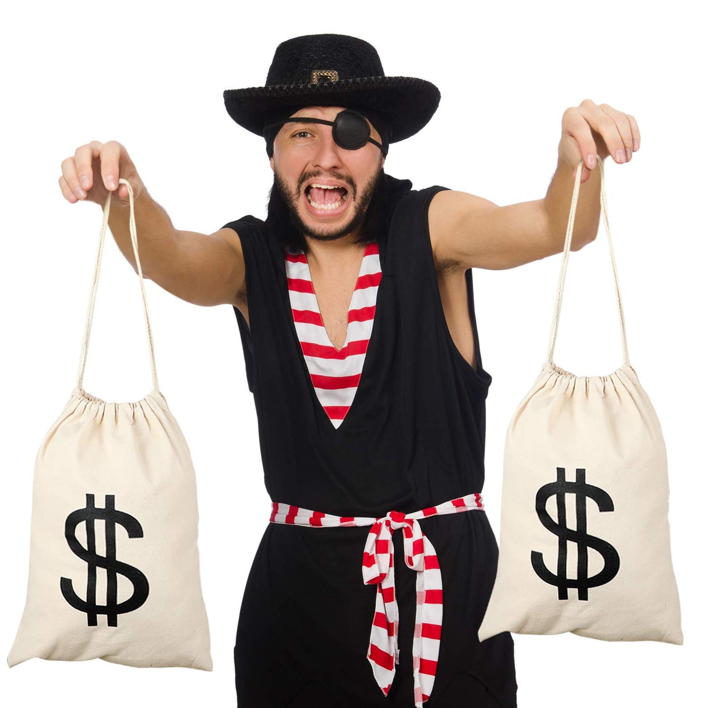 Robber Costume Set, Include 11.8x15.7inch Dollar Sign Money Bag, Black Gloves, Eye Mask for Halloween Party Pirate Thief Cosplay
