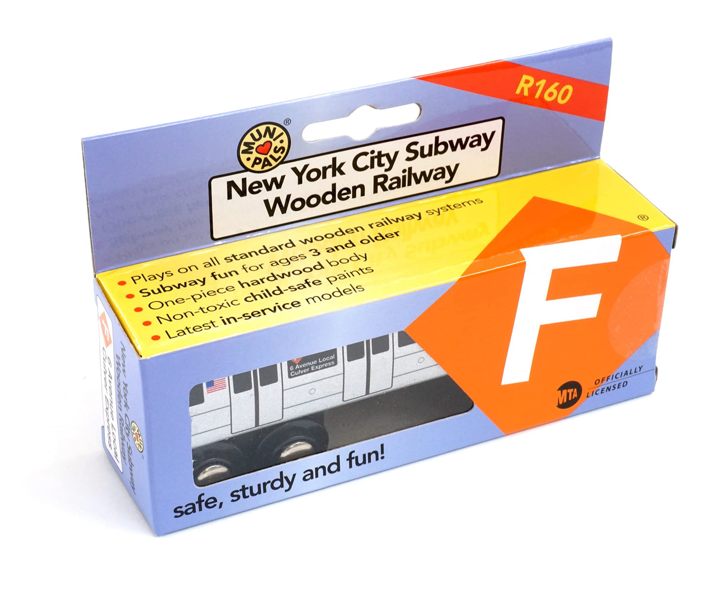 Muni Pals Munipals New York City Subway Wooden Railway (B Division) F Train/6 Avenue Local-Culver Express–Child Safe And Tested Wood Toy Train