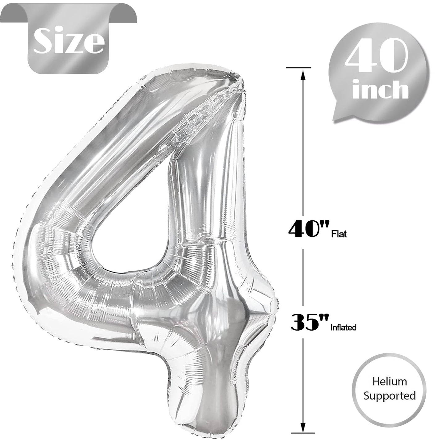 Silver Number 4 Balloon 40 Inch, 4 Balloon Number, 4Th Birthday Decorations, Silver Party Supplies For Boys Girls