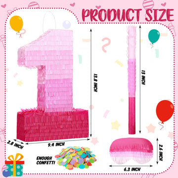 Sratte Number Piñata Number Birthday Piñata Decorations Gradient Pink Piñata With Stick Blindfold Confetti For Girls Boys Birthday Anniversary Party Decorations Supplies(Number 1)