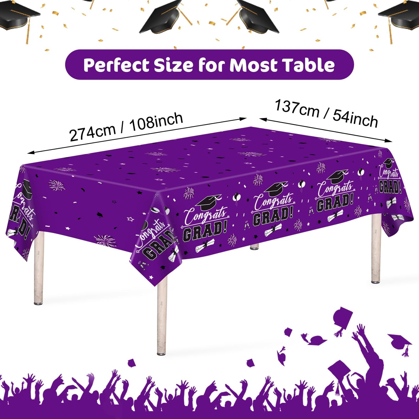 3 Pcs Graduation Tablecloth - Congrats Grad Table Cloth For Class Of 2024, Disposable Plastic Rectangle Grad Table Cover For Graduation Party Decorations 2024 And Party Supplies, 54 X 108 Inch, Purple