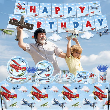 142Pcs Airplane Birthday Party Decorations Airplane Party Tableware Supplies Airplane Blue Sky White Disposable Plates,Tableclot