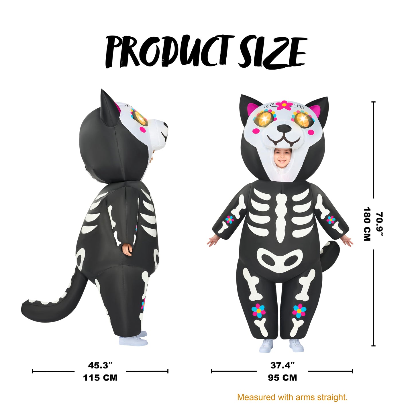 Spooktacular Creations Kids Inflatable Costumes With Led Eyes, Halloween Skeleton Cat Blow Up Costumes For Girls, Full Body Kitty Inflatable Suit For Halloween Cosplay Parties