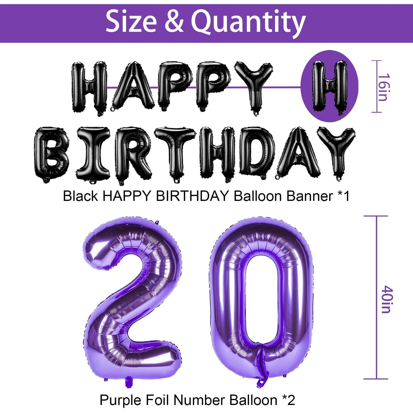 Naninuneno 20Th Birthday Decorations Set For Girl Women Boy Men,Purple Black 20 Happy Birthday Balloons Supplies With Purple Num