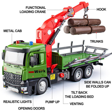 HAPYAD Timber Truck Toy Metal Cab, Friction Powered Timber Truck with Fully Functioning Loading Crane and 3 Loadable Trunks, Big