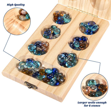 AMEROUS Wooden Mancala Board Game Set - Folding Design with 72+8 Multi Color Glass Stones - Portable Travel Game for Kids & Adults