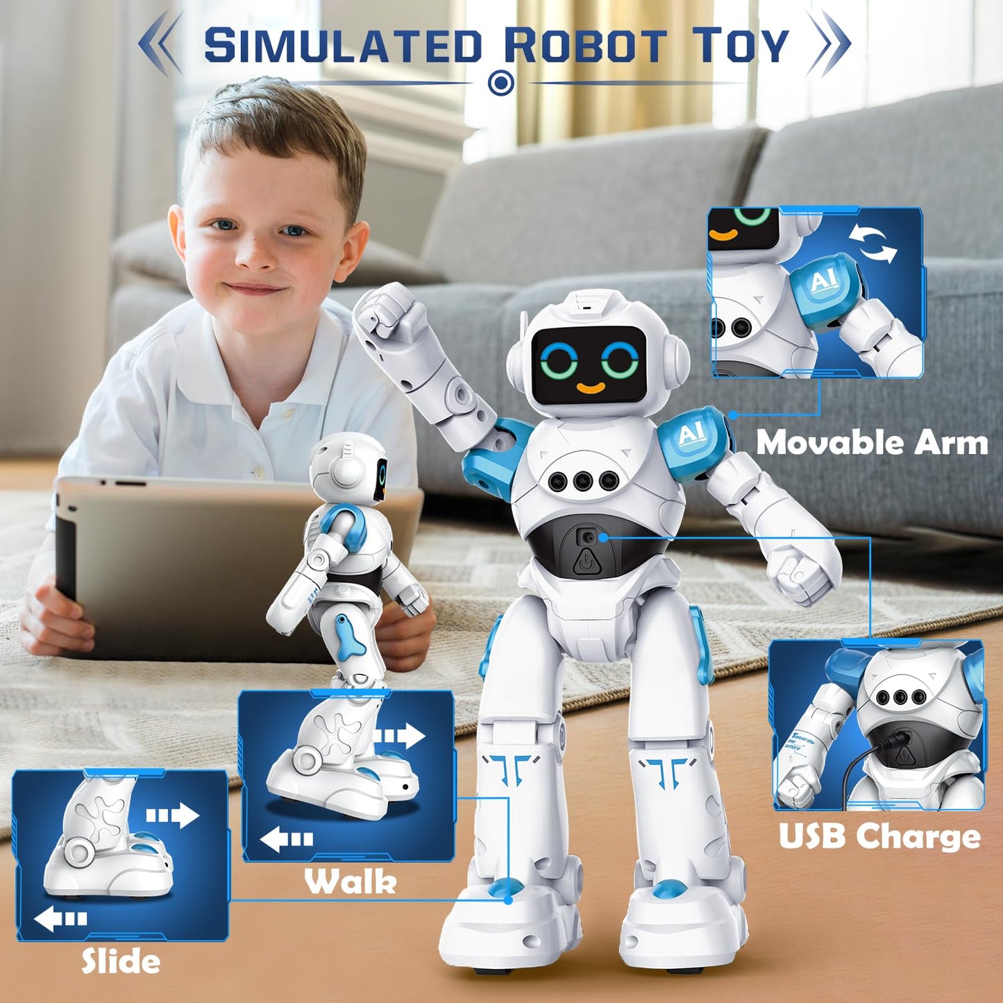 Robot Toys for Kids - Smart Talking Voice Remote Control Robot, Gesture Sensing Programmable Emo Robot Toy for Age 3 4 5 6 7 8 Y