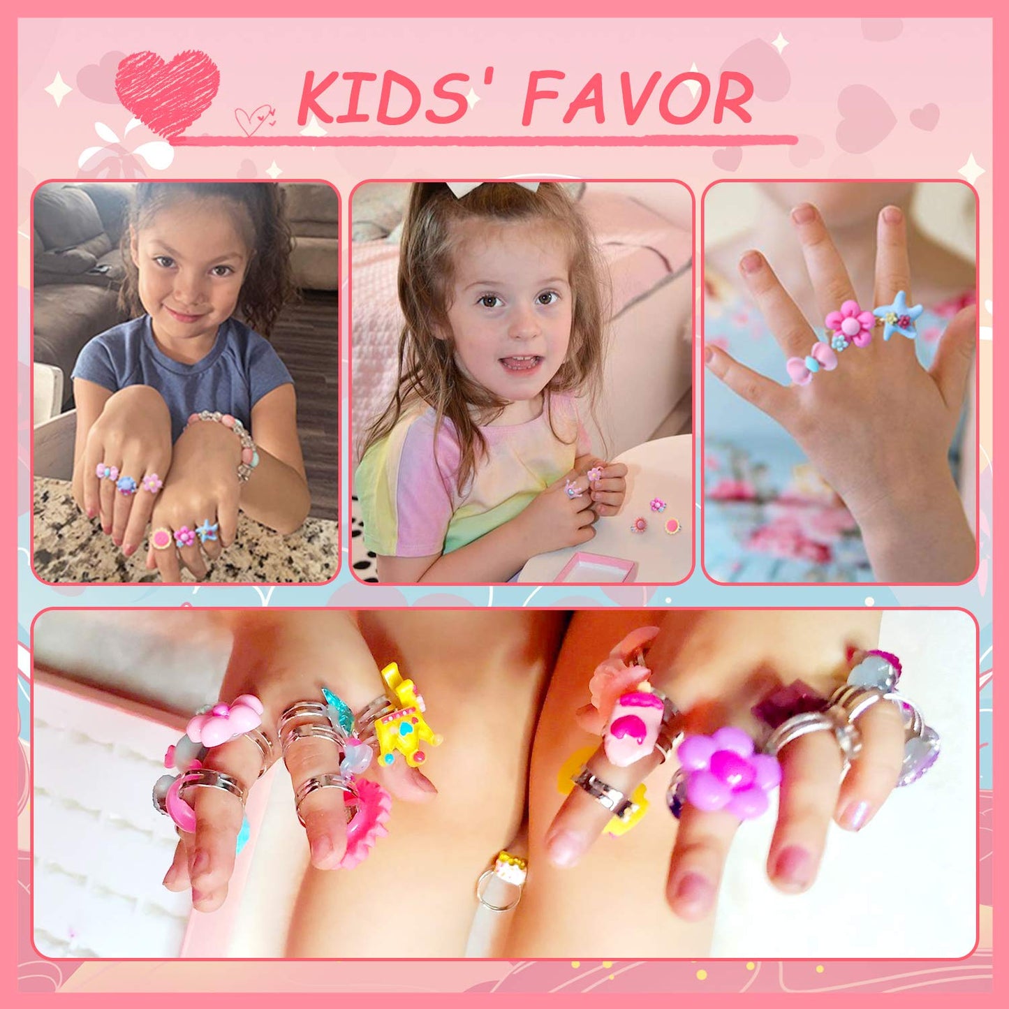 PinkSheep Adjustable Little Girl Jewel Rings in Box - 24 Unique Pretend Play and Dress Up Rings, Pink Color