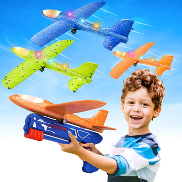 Fuwidvia 3 Pack Airplane Launcher Toys, 2 Flight Modes Led Foam Glider Catapult Plane Toy For Boys, Outdoor Flying Toys Birthday