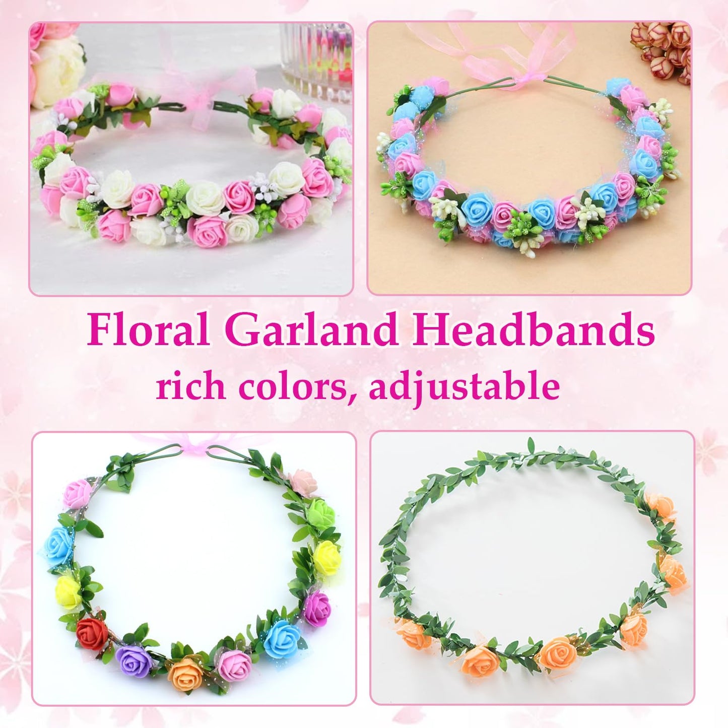 Wubomjio Diy Flower Crown Crafting Kit(Rose Theme), Make Your Own 12Pc Floral Crown Garland Kit, Presents For Kids Ages 6 7 8 9 10 Years Old And Up