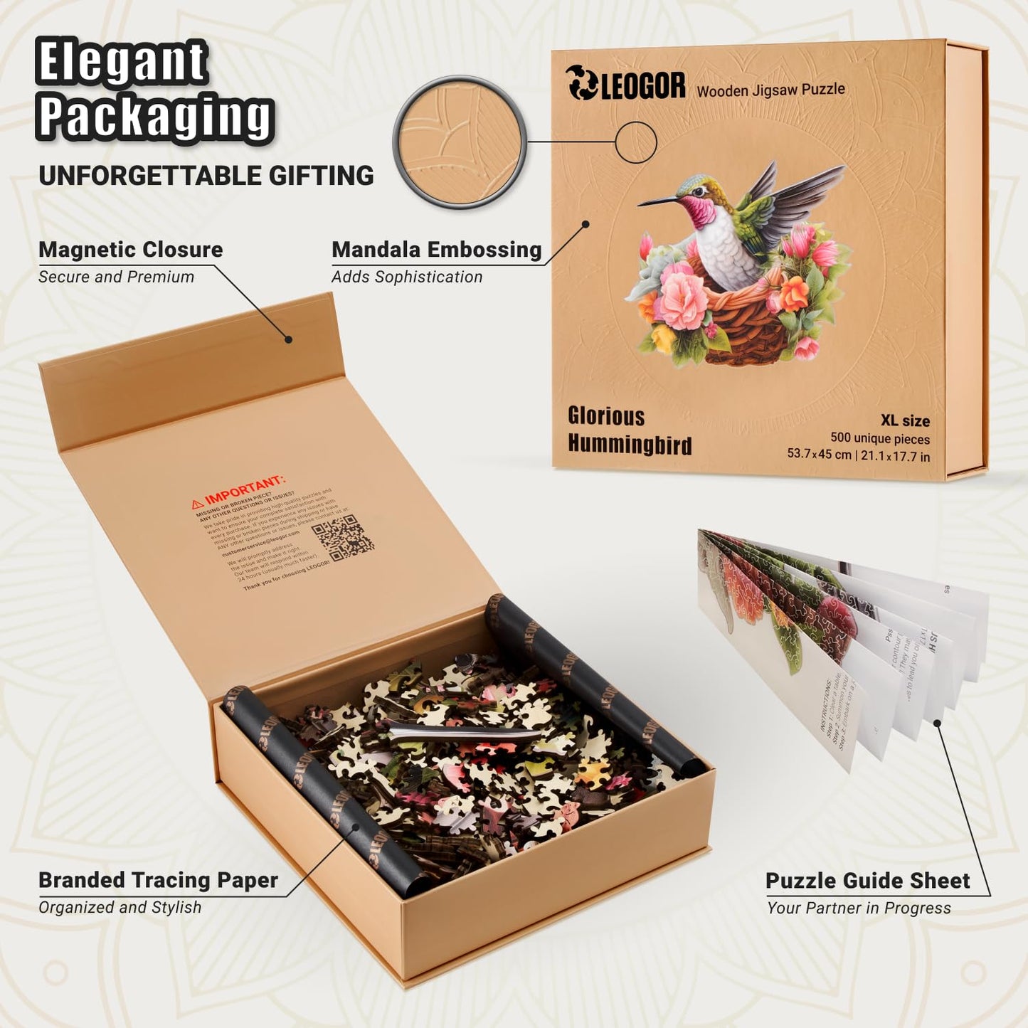 Wooden Puzzles For Adults 500 Piece - Hummingbird Puzzle – Unique Animal Shaped Pieces, Extra-Thick 5Mm Wood, Challenging & Fun Jigsaw For Puzzle Enthusiasts By Leogor, Xl Size 21.1' X 17.7'