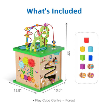 TOOKYLAND 5-in-1 Large Activity Play Cube - Colorful Wooden Learning Puzzle Toy for Toddlers with Animal Friends, Shapes & Mazes