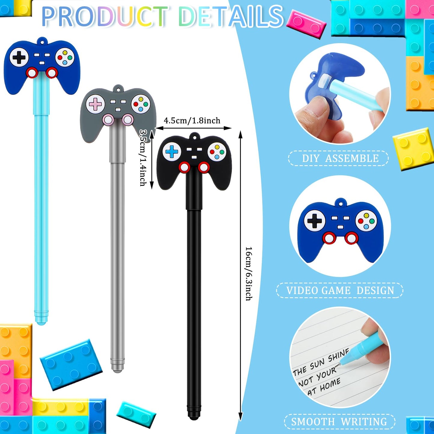 Tinlade 24 Pcs Video Game Pens Gamer Party Favors Video Gaming Themed Birthday Party Favor Gifts Controller Ink Kids Pens For Boys Classroom Prizes (Black,Blue,Gray)