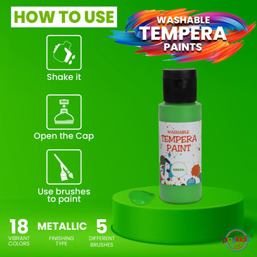 Playkidiz Washable Tempera Paints Set of 18 - Non-Toxic Acrylic Paint for Kids, Assorted Colors, Includes Brushes for Crafting and Creativity