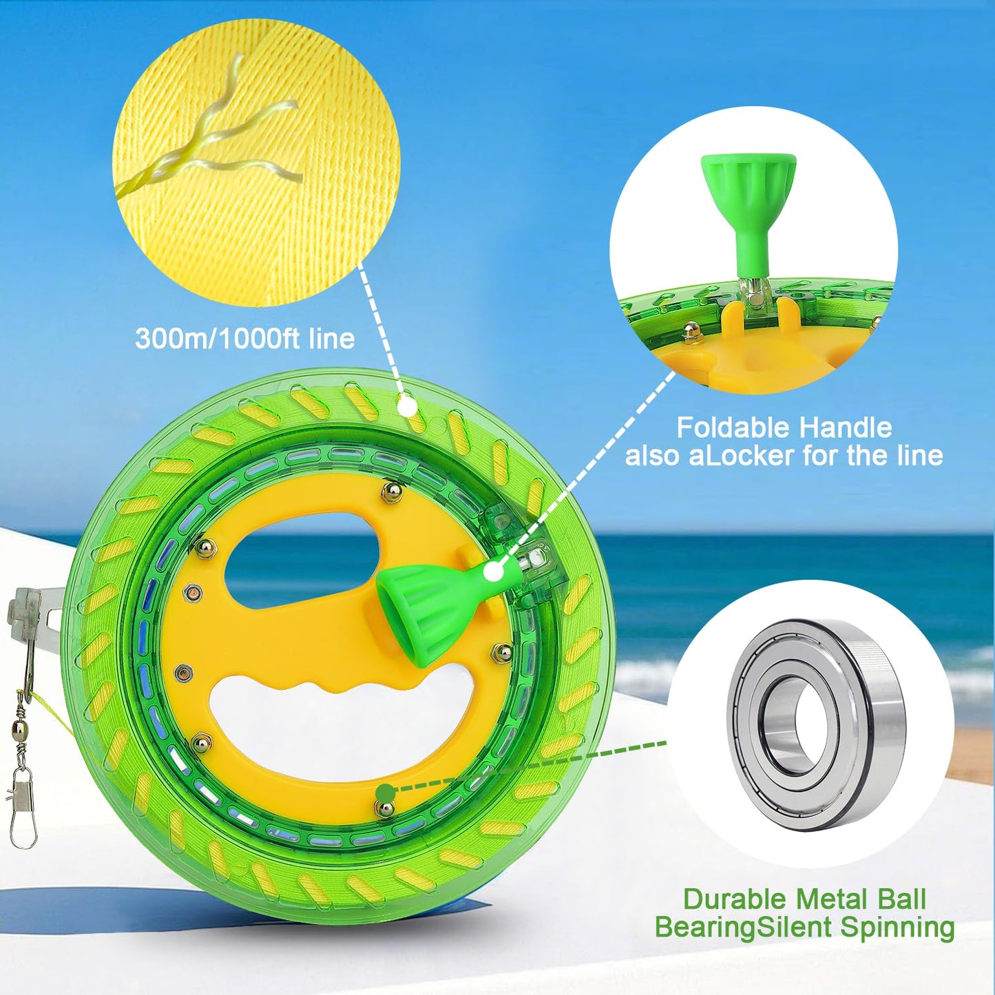 Honbo Kite String Spool For Adults And Kids,Kite String Reel With Bearing Structure, Foldable Handle, 300M/1000Ft Line - Ideal K