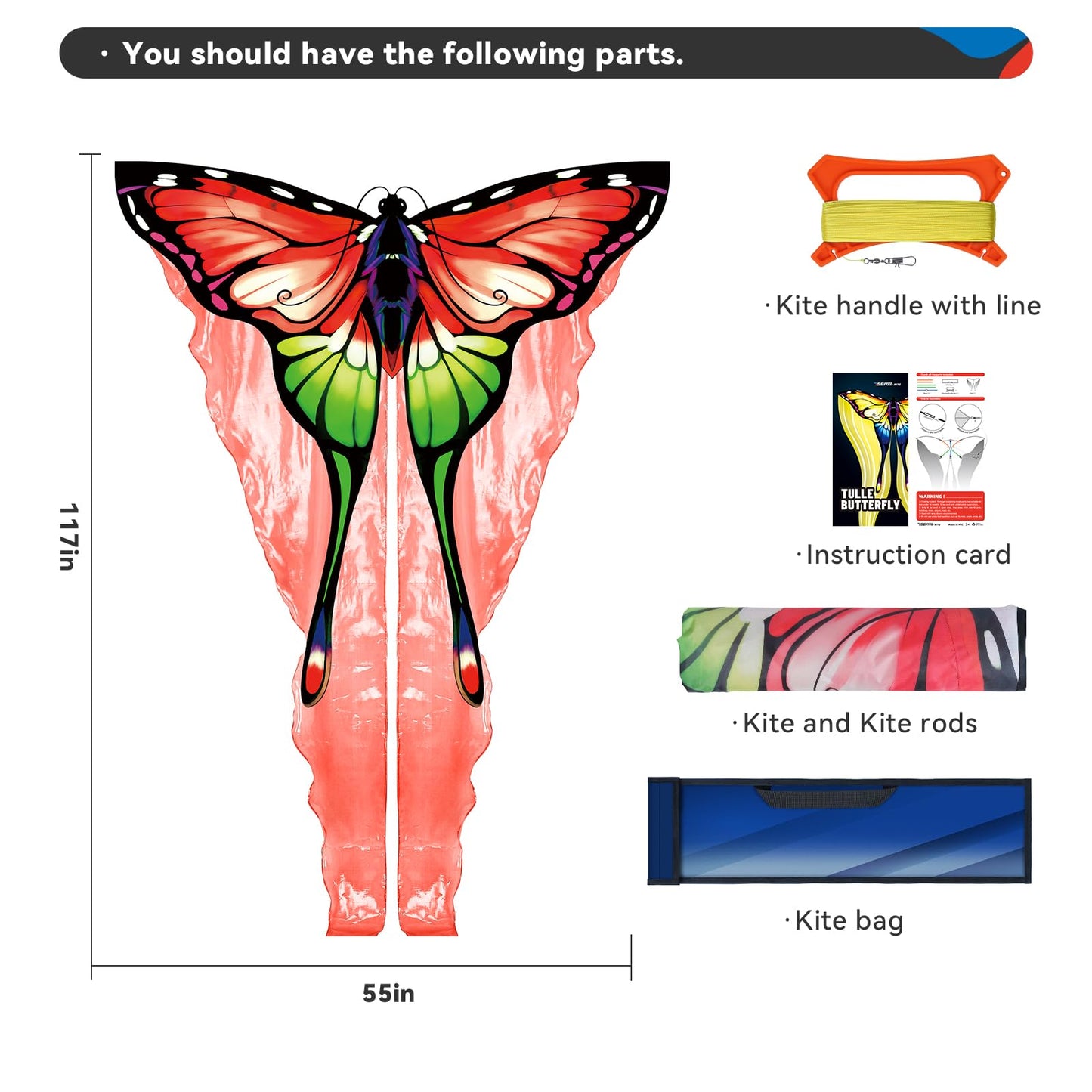 SGftre Red Tulle Butterfly Kite for Kids & Adults