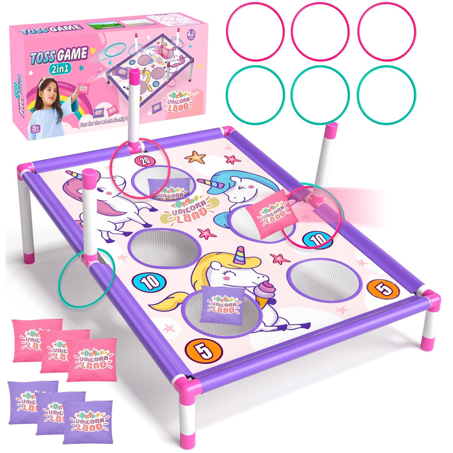 Golray Bean Bag Toss Game For Kids, 2 In 1 Cornhole Board Set Outside Toys For Kids Ages 4-8 With Carnival Party Ring Toss Game, Christmas Birthday Gifts For Boys Girls Toys 2 3 4 5 6 7 8 Years Old