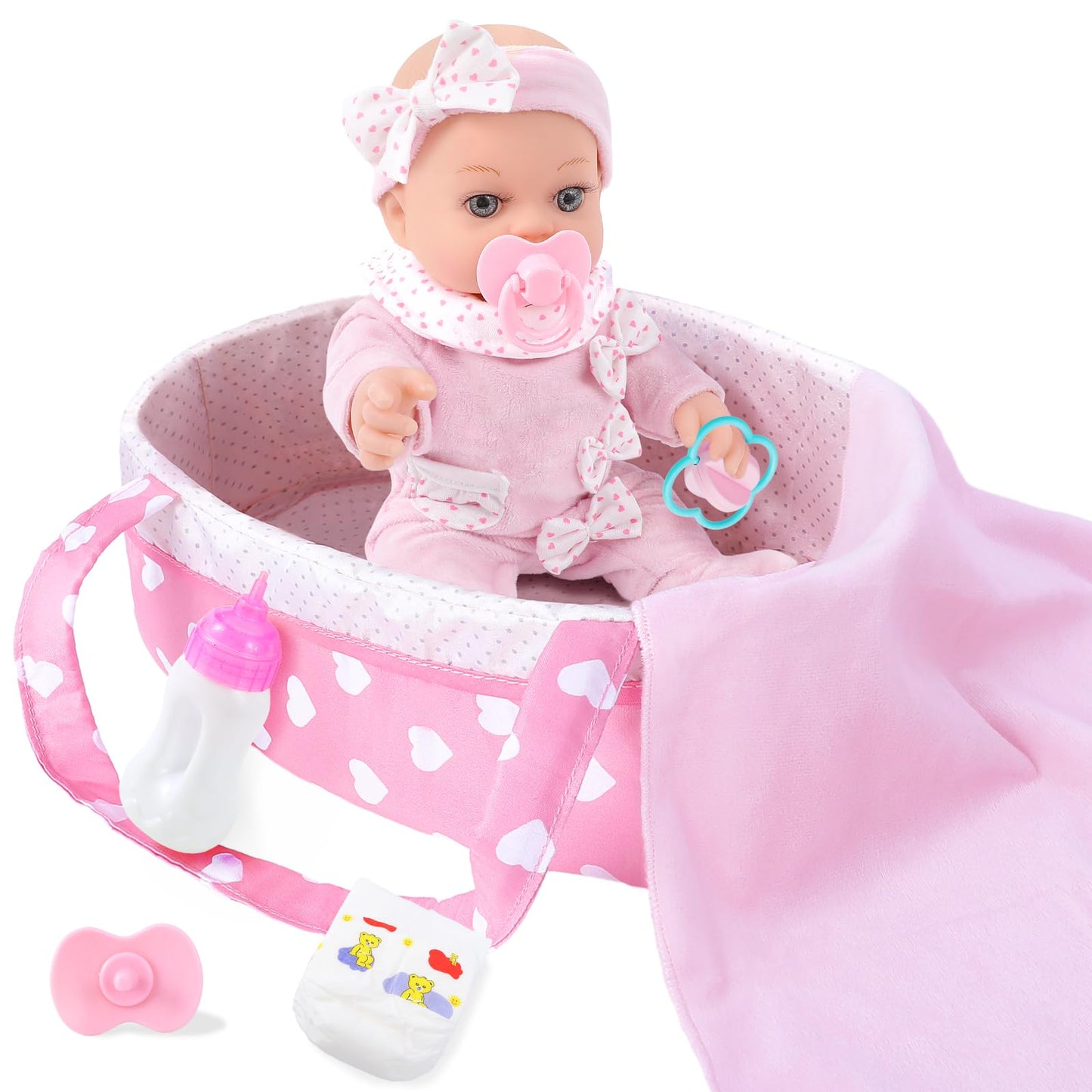 12 Inch Baby Doll Playset With Dolls Clothes And Accessories First Baby Dolls For Toddlers 3 Years And Up Includes Bassinet Bed, Blanket, Bottles, Nipple, Diaper, Toys