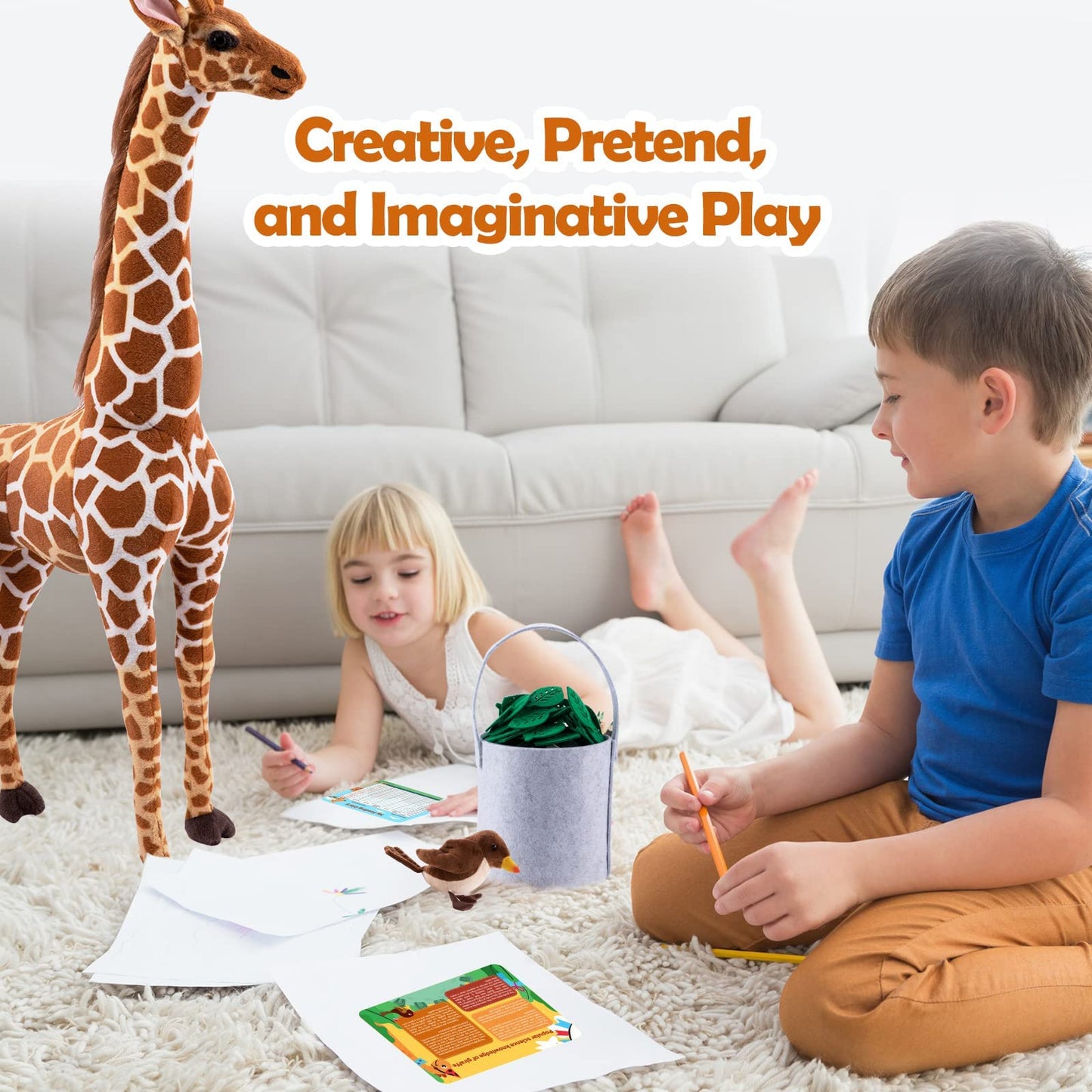 Brinjoy Giant Giraffe Stuffed Animal Set, 47 Inch Large Plush Giraffe Toy With Bird&Basket&Leaves&Card, Big Lifelike Standing Giraffe For Girls Boys