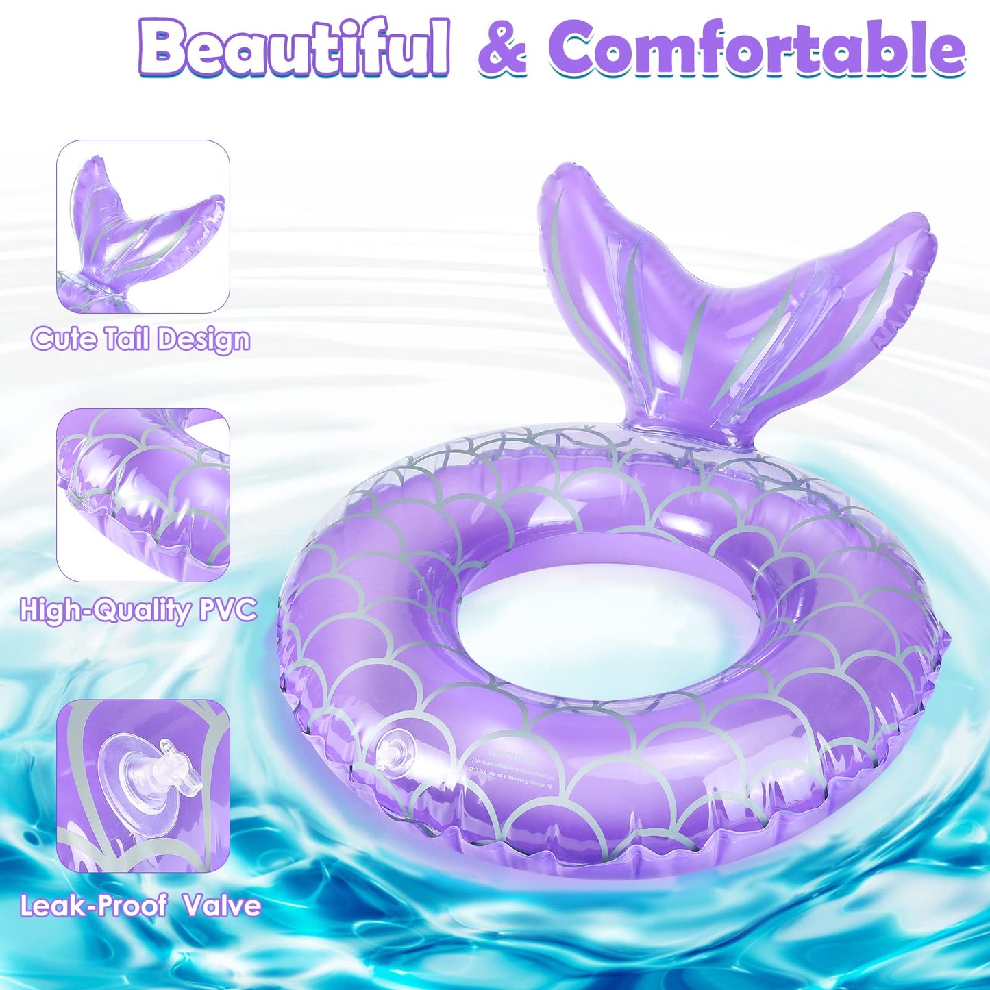 Heysplash Mermaid Pool Float, Mermaid Tail Shaped Pool Swimming Float Tube Ring Floatie, Summer Water Fun Beach Party Swimming Pool Toys For Kids Children Adults Water Activities, Purple