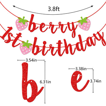 Berry First Birthday Banner, Glitter Strawberry Banner, 1St Birthday Decor (Red)