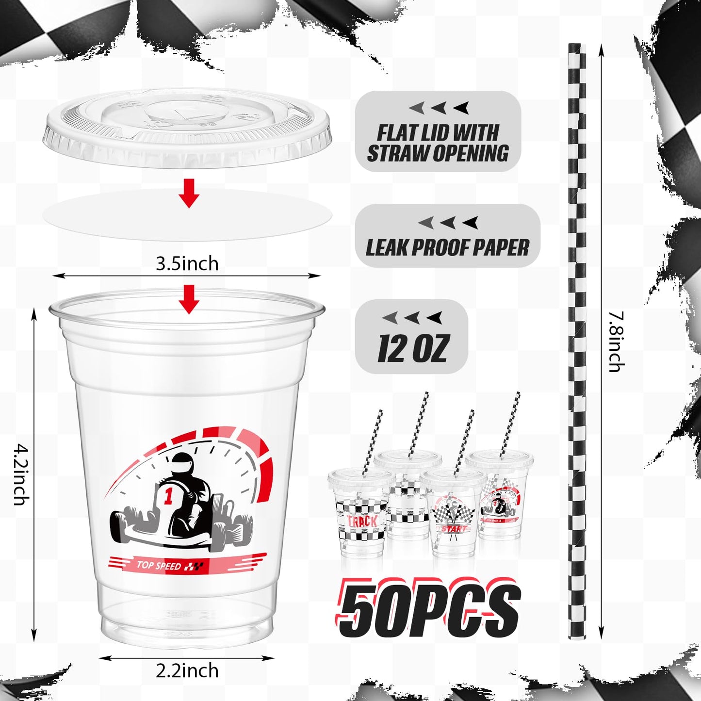 Foldtier 50 Pcs Checkered Racing Party Plastic Cup 12 Oz Checkered Flag Thick Clear Cup Black And White Checkered Cups Race Car