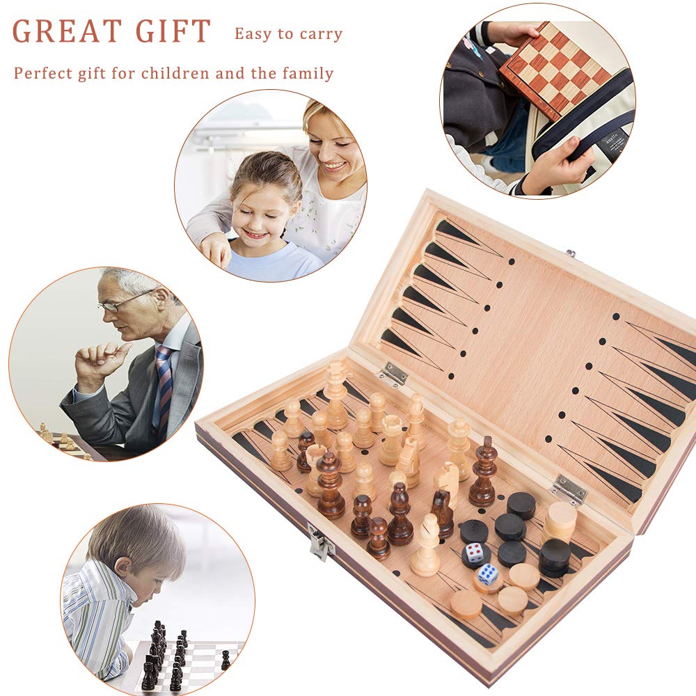 Luoyer 3-In-1 Chess Backgammon Checkers Set 11 Inch Wooden Chess Checkers Board Game With Folding Carrying Case Travel Chess Set For Adults