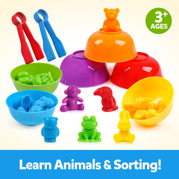 Counting Animals Toys Matching Game With Sorting Bowls Preschool Learning Activities Montessori Sensory Toys For Math Color Sorting, Party Favors Birthday Gifts For Kids Easter Basket Stuffers - Zoo