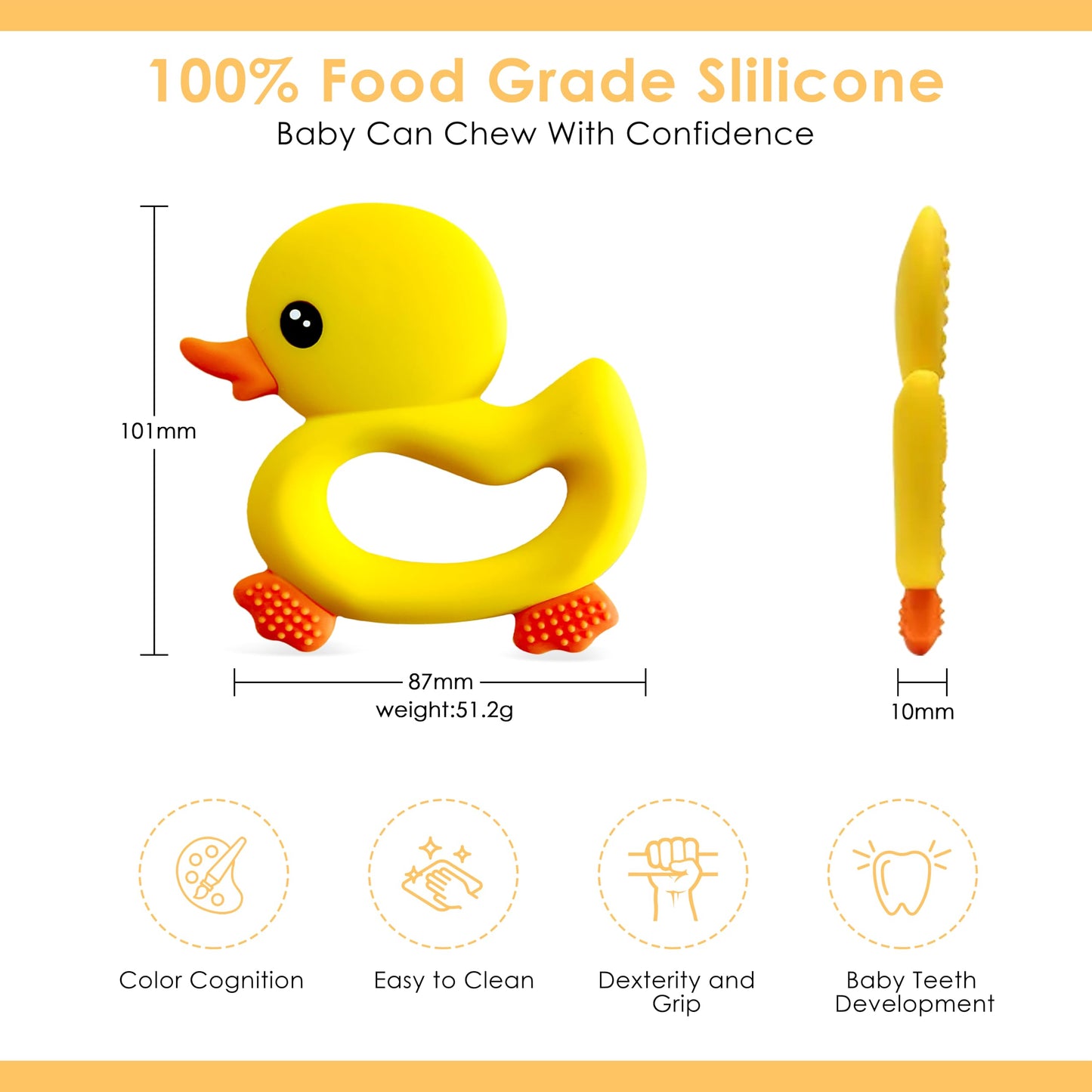 BabyBite Cute Duck Teether - 100% BPA Free Silicone for Sensory Play - Yellow - Model HC0231178
