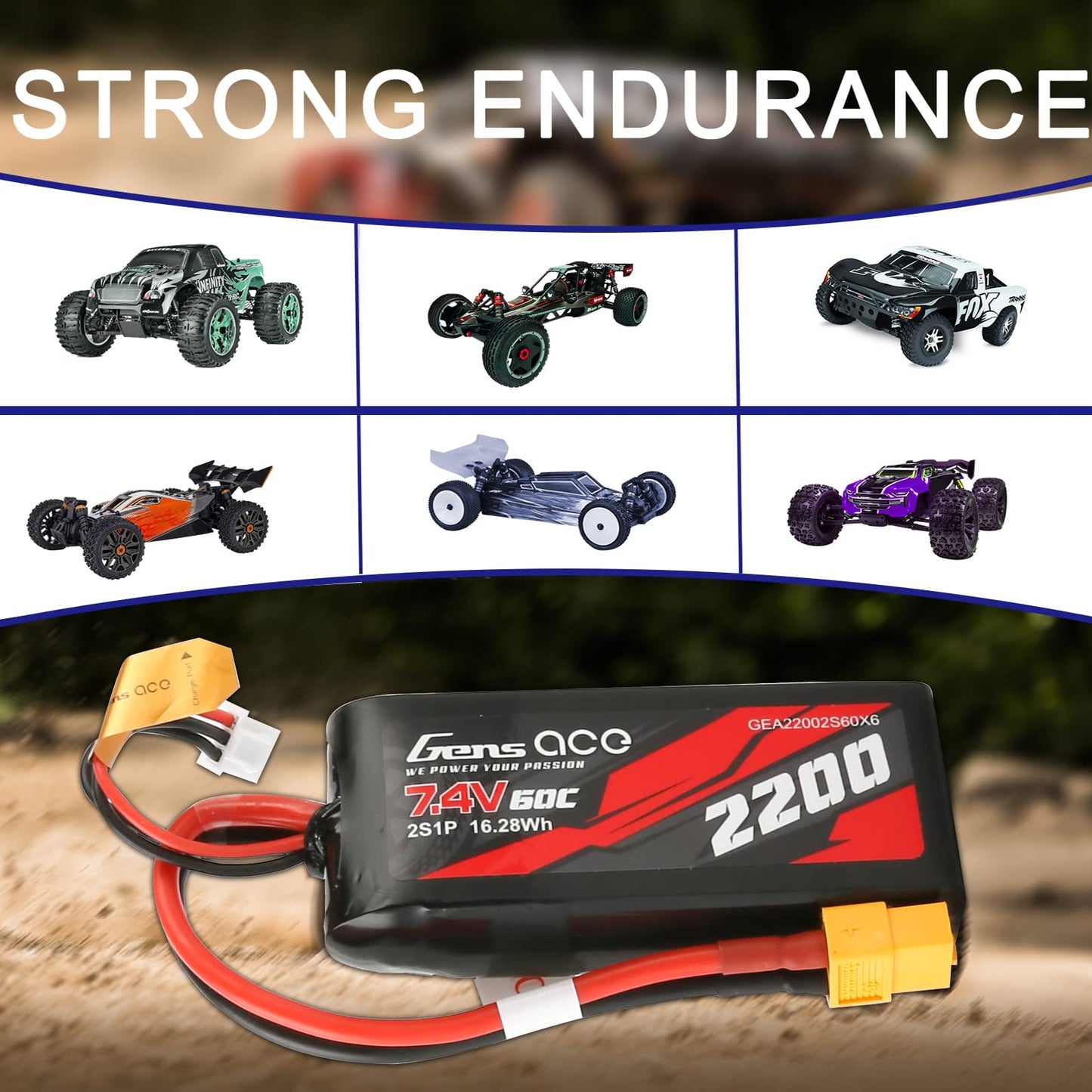 Gens ace 2S Lipo Battery 7.4V 60C 2200mAh Lipo Battery with XT60 Plug