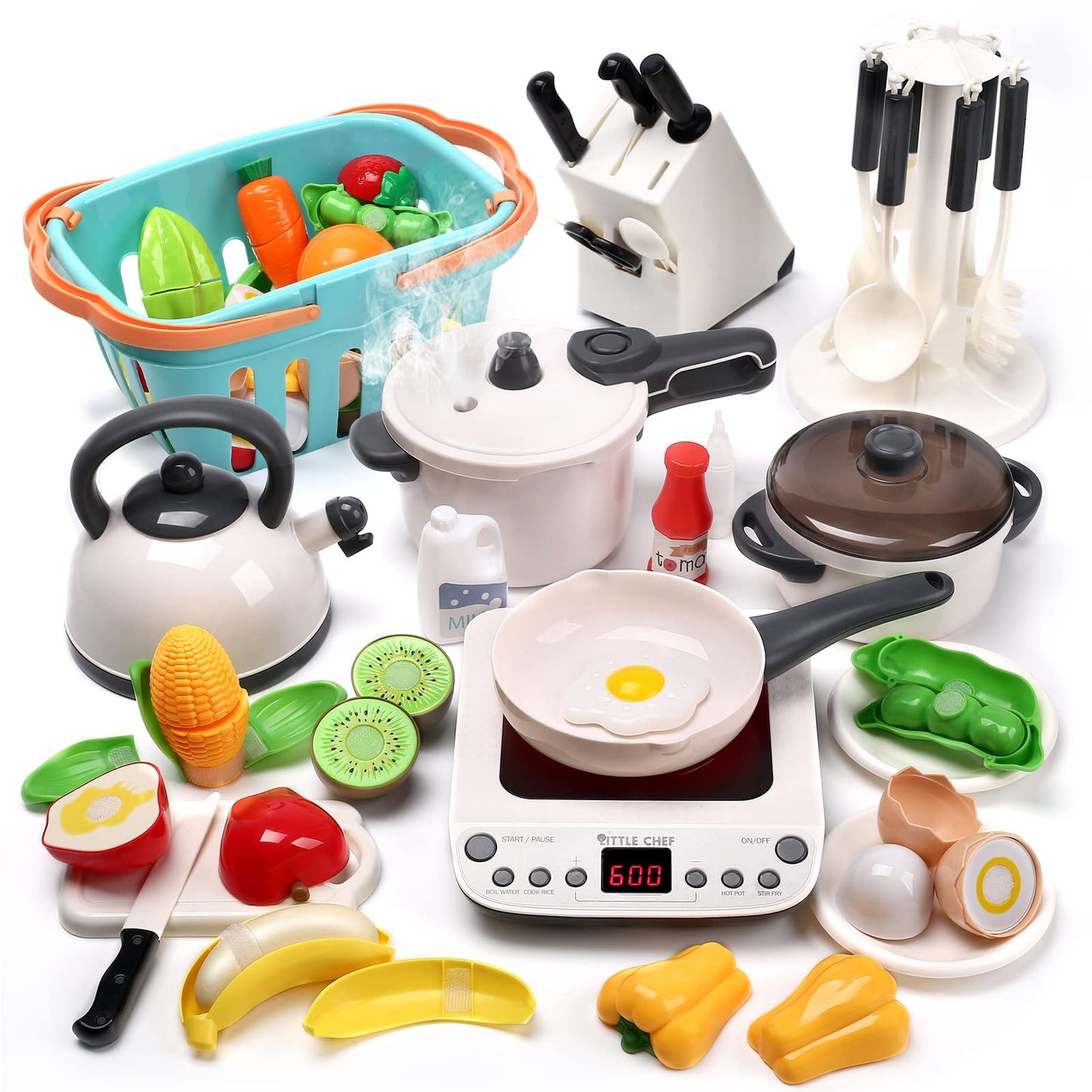 CUTE STONE Pretend Play Kitchen Toy with Cookware Steam Pressure Pot and Electronic Induction Cooktop, Cooking Utensils, Toy Cut