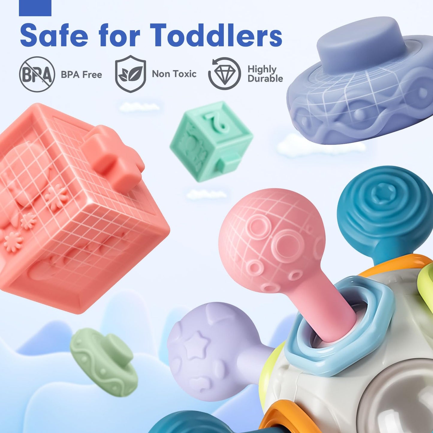 Baby Sensory Teething Toys Set, Montessori Baby Toys 6-12 Months, Incl Newborn Rattle Teether & Baby Blocks & Soft Stacking Rings, Ideal Baby Boy Girl Gifts, Infant Toys 0-3-6-9-12-18 Month